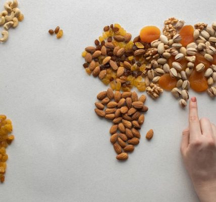 Top view of crop anonymous person making world continents with various nuts and heap of dried fruits on white background
