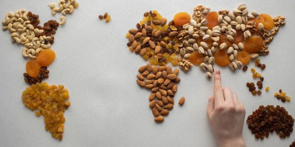 Top view of crop anonymous person making world continents with various nuts and heap of dried fruits on white background